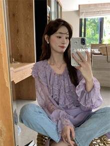 A Light Apricot-Colored Ruffled Off-Shoulder Blouse, A New Summer Style, An Irregularly Shaped Short Off-Shoulder Top. - Purple - View 5
