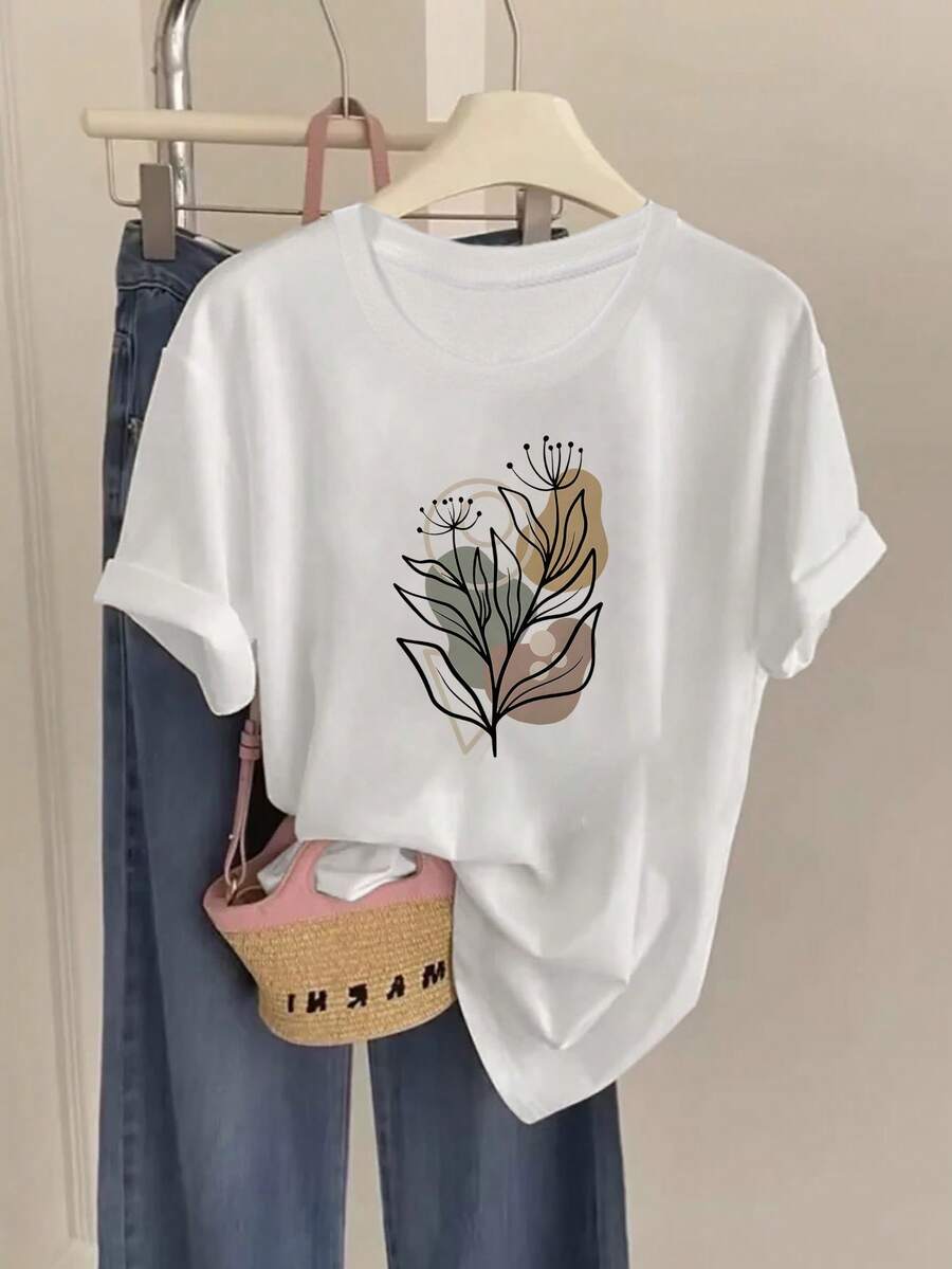 ura de cuello redondo con estampado de arte de planta abstracta, de tela lisa de color sólido, a la moda y con estilo, especialmente diseñada para el verano y adecuada para uso diario casual - [Blanco] - Ver 1