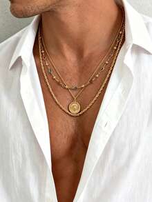 3pcs/Set Men's Gold Layered Necklace, Gemstone Beaded Design With Sun Round Pendant And Twisted Rope Chain, Stackable, Luxury Old Money Style Jewelry - Gold - View 4