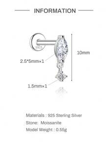 AnlaScheer 1pc Moissanite 925 Sterling Silver Marquise Flat Back Helix Cartilage Spiral Piercing Screw Earring, Women's Engagement Wedding Bridal Jewelry - Silver - View 9