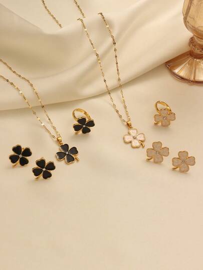 Exquisite Fine Chain Lucky Clover Black Pendant Necklace Ring Earrings Jewelry Set, Suitable For Men To Give To Girlfriend, Women's Daily Wear
