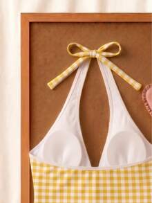 Set Bikini Model Halter Neck Motif Kotak-kotak Kuning & Putih Terbaru untuk Musim Panas, Manis dan Imut, Cocok untuk Liburan Pantai Santai - MultiWarna - View 6