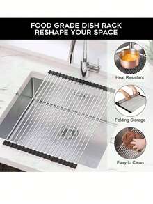 Roll-Up Dish Drying Rack, Kitchen Drain Rack, Foldable Countertop Mat, Stainless Steel With Non-Slip Silicone Sleeve, Quick Drainage, Space-Saving, 2026 Must-Buy, Modern Style Dish Rack, Christmas Decoration - Multicolor - View 6