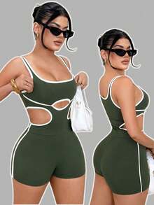 Mono ajustado con tirantes finos, recortes calados y ribete de contraste, ropa de entrenamiento para mujeres, ropa de verano para mujeres, blusas para salir, dinero antiguo, deport - Verde Oliva - Ver 1