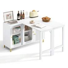 Moderner weißer Buffet-Sideboard mit klappbarer und ausziehbarer Tischplatte, drehbarer Oberfläche, goldenen Metallbeinen, Glasschiebetüren und Wellenmuster – Perfekt für Esszimmer und Küche - Weiss - Übersicht 11