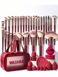 Red Wine 1/20/30/50pcs All-In-One Makeup Tools Set Professional Cosmetic Brushes Beauty Sponges Triangle Powder Puffs Silicone Brush Cleaner Bowl With Transparent Washbag For Foundation Blush Eyeshadow Contour Flawless Daily & Travel Makeup Kit - Multicolor - View 1