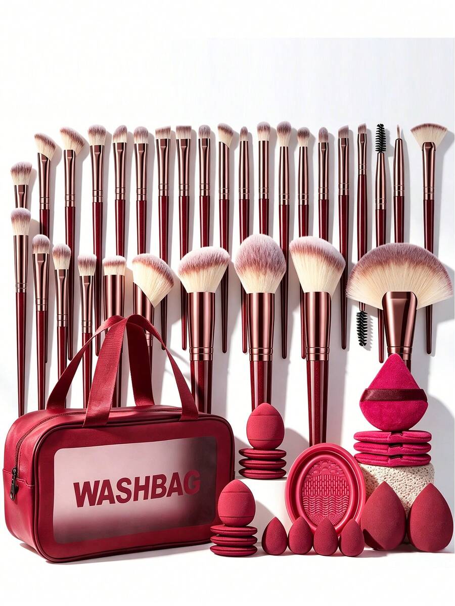 Red Wine 1/20/30/50pcs All-In-One Makeup Tools Set Professional Cosmetic Brushes Beauty Sponges Triangle Powder Puffs Silicone Brush Cleaner Bowl With Transparent Washbag For Foundation Blush Eyeshadow Contour Flawless Daily & Travel Makeup Kit - Multicolor - View 1