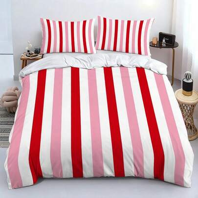 3pcs Red & Pink Striped Duvet Cover Set, Soft & Breathable All-Season Bedding (1 Duvet Cover + 2 Pillowcases, No Filling) - Modern Color Block Style, Suitable For Bedroom And Dorm Decor