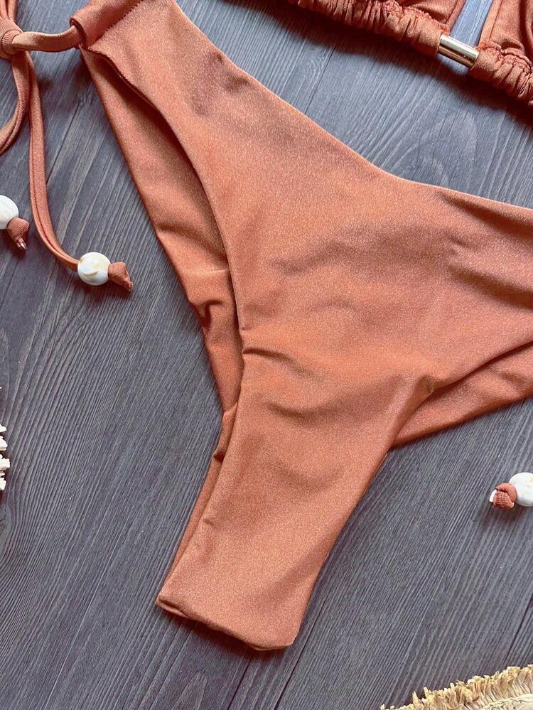 Solid Color Tie-Up Bikini Set, Vacation Beach Summer - Brown - View 5