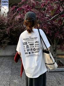 日系女式宽松圆领简约百搭字母卡通印花短袖T恤，春夏休闲白色 - 白色 - 查看 2
