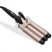 3 Barrel Curling Iron, 1 Inch Ceramic Tourmaline Hair Waver Wand With LCD Temperature Display, Fast Heating Foldable Crimpers For Travel Glove Included - Golden - View 1