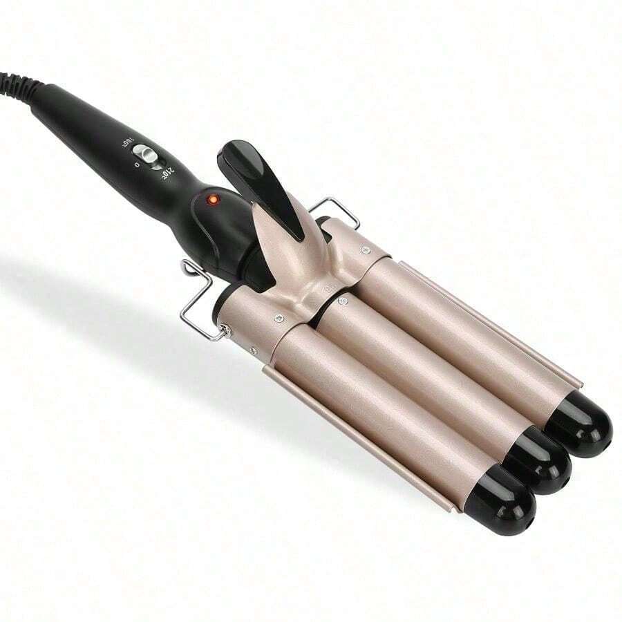 3 Barrel Curling Iron, 1 Inch Ceramic Tourmaline Hair Waver Wand With LCD Temperature Display, Fast Heating Foldable Crimpers For Travel Glove Included - Golden - View 1