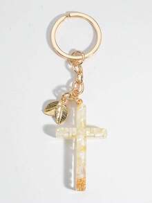 Boho Cross & Leaf Charm Keychain Car Accessories Bag Charm School Cute Goth Y2k - White - View 4