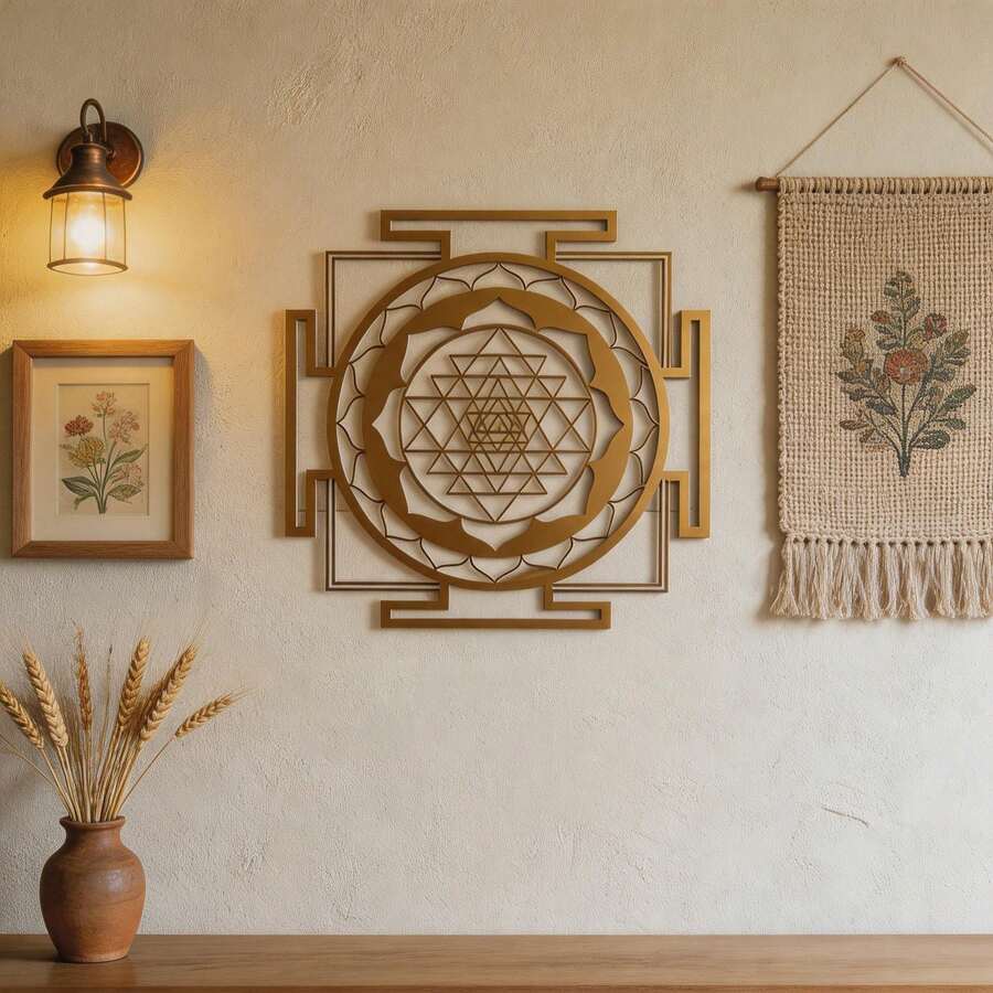 Sri Yantra 曼陀羅金屬壁飾,金色神聖幾何鐵製掛飾,靈性瑜伽冥想牆面裝飾,適用臥室、SPA、瑜伽教室、客廳居家裝飾 - 均碼 - 查看 1