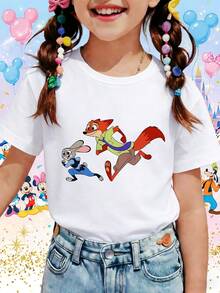 Disney Zootopia Nick Wilde And Judy Hopps On The Run Graphic Tee,Summer Casual T-Shirt For Boys Girls, Soft And Comfortable Fabric, Graduation Season Gift - 白色 - 查看 1