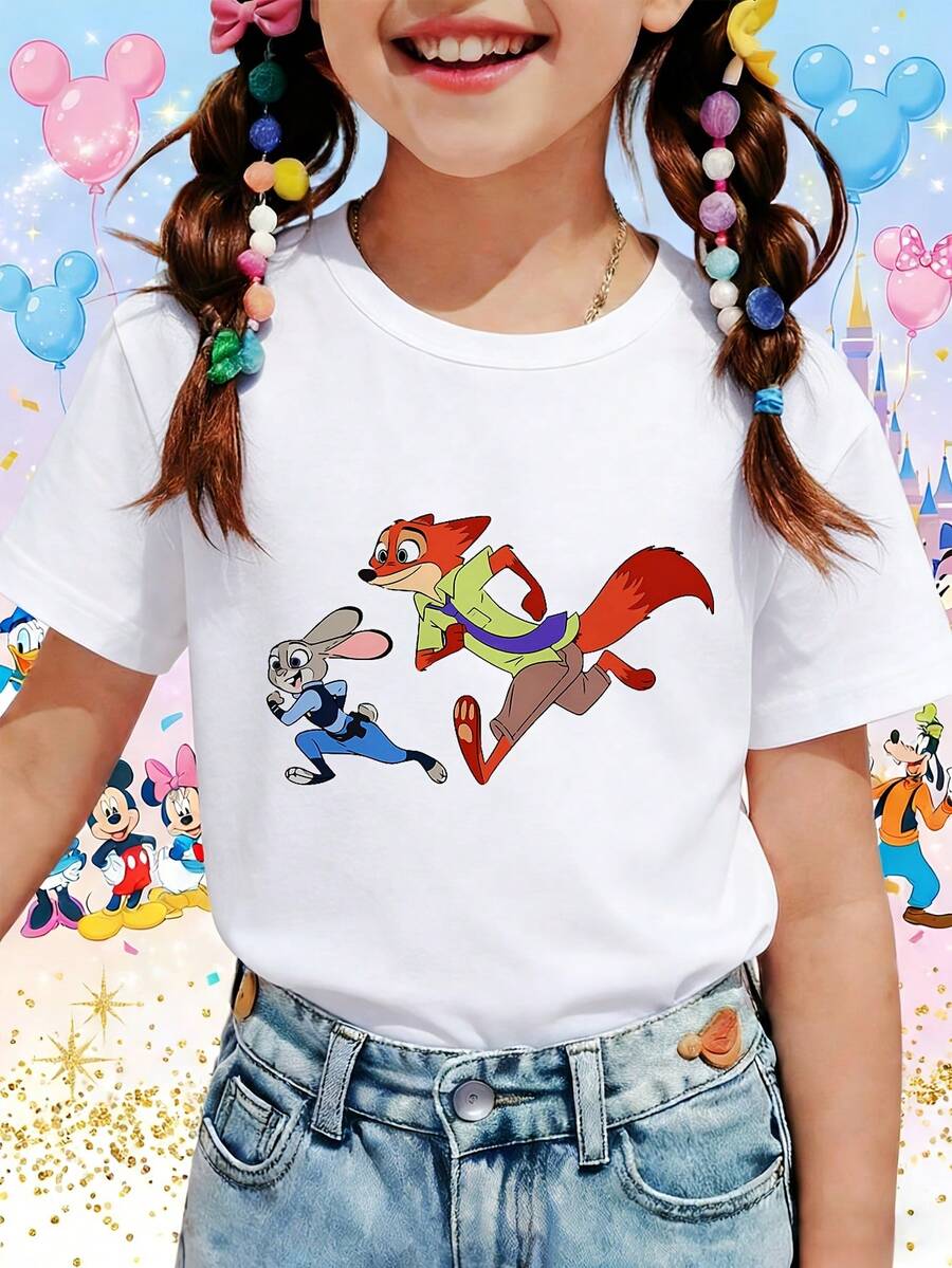 Disney Zootopia Nick Wilde And Judy Hopps On The Run Graphic Tee,Summer Casual T-Shirt For Boys Girls, Soft And Comfortable Fabric, Graduation Season Gift - 白色 - 查看 1