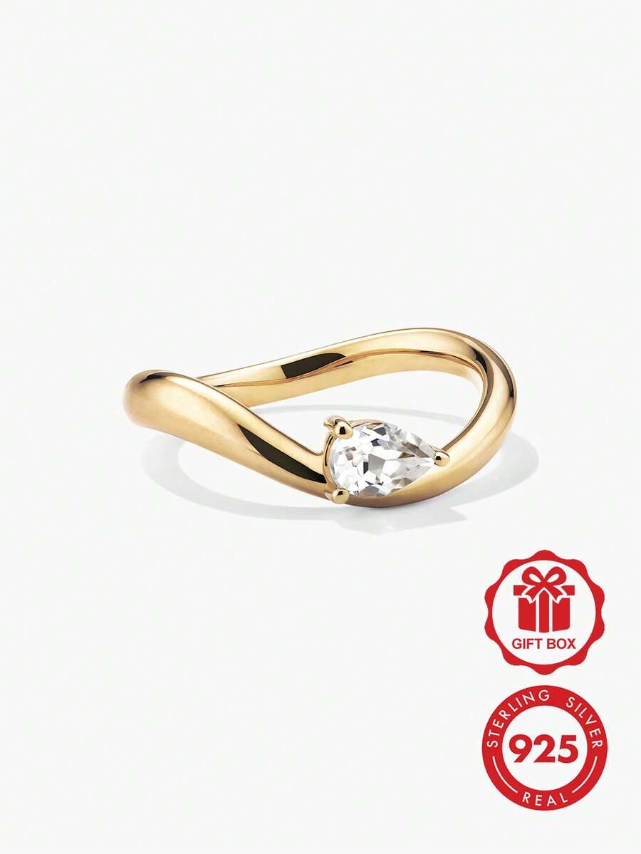 Luxury S925 Sterling Silver Pear-Shaped Cubic Zirconia Wave Ring For Women - Wave Ring - View 1