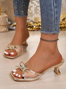 Women's Metallic Strap Sandals, Mesh Bow Kitten Heel Slides, Square Toe Open Toe Mid Heel Slippers, Summer Elegant Style Sandals - Gold - View 4