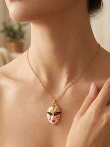 Stainless Steel Retro Floral Masquerade Mask Pendant, Gold-Plated Enamel Personalized Necklace - Gold - View 8