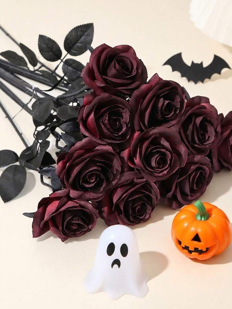 5 Pcs Halloween Gothic Rose Decorations,Black & Red Artificial Roses,Long Stem Lifelike Silk Flowers,Suitable For Home Decor,Wedding Decoration,Party Decoration,Gothic Dark Style Decor,Halloween Decorations, Festive Decorations - Multicolor - View 1