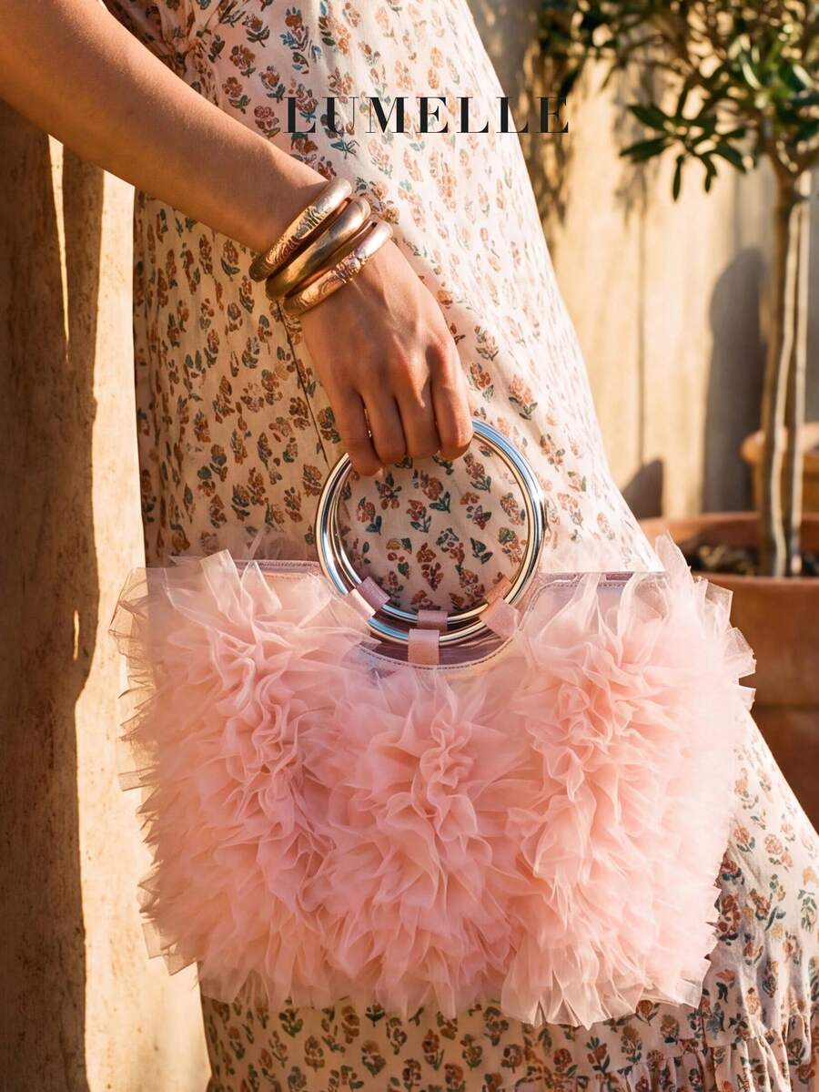 Elegant Pink Tulle Ruffle Tote Bag, Metal Ring Handle Mini Handbag, Women's Fluffy Evening Clutch, Suitable For Wedding Bride, Prom, Cocktail Party - Pink - View 1
