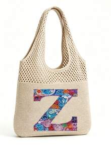 LFIRSTL Women's Crochet Tote Bag | 26 Personalized Initial Options, Bohemian Floral Mesh Beach Bag, Large Capacity Knitted Shoulder Handbag, Suitable For Summer Vacation, Travel And Daily Commute - Khaki - View 27