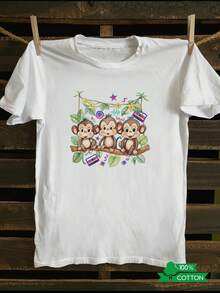 T-Shirt With Monkey And Tree Branch Print, Fresh And Simple, Versatile Casual Top For Summer Outings, Unisex Summer T-Shirt. - Putih - View 1