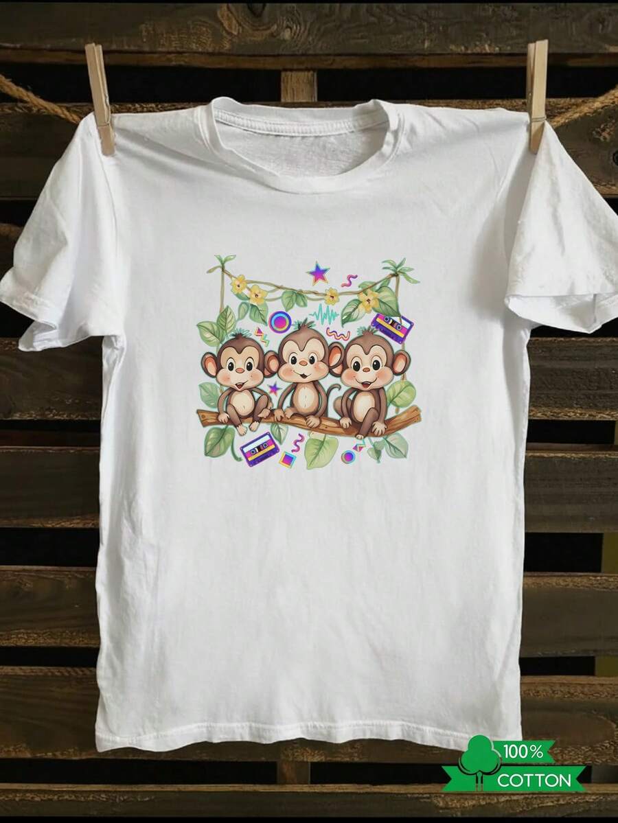 T-Shirt With Monkey And Tree Branch Print, Fresh And Simple, Versatile Casual Top For Summer Outings, Unisex Summer T-Shirt. - Putih - View 1