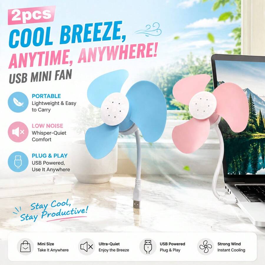 2件裝新款USB迷你便攜靜音手持小風扇，可折疊，360°可調角度，適用於辦公室、宿舍、海灘、戶外，極致涼爽，車用風扇，夏季清爽禮物，伴娘禮物，化妝美容小風扇，母親節禮物，派對禮物，夏季必備，戶外旅行，畢業禮物，戶外行程理想選擇