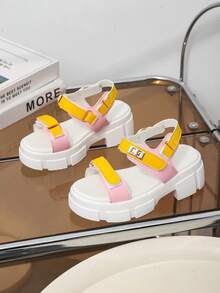 1 Pair New Summer Kids Thick Heel Sandals, Yellow & Pink Color Block Fashion Versatile, Metal Decor, Design Sense Double Hook & Loop, Simple Campus Sandals, Suitable For Daily Wear, School, Vacation Outfit - Pink - View 2