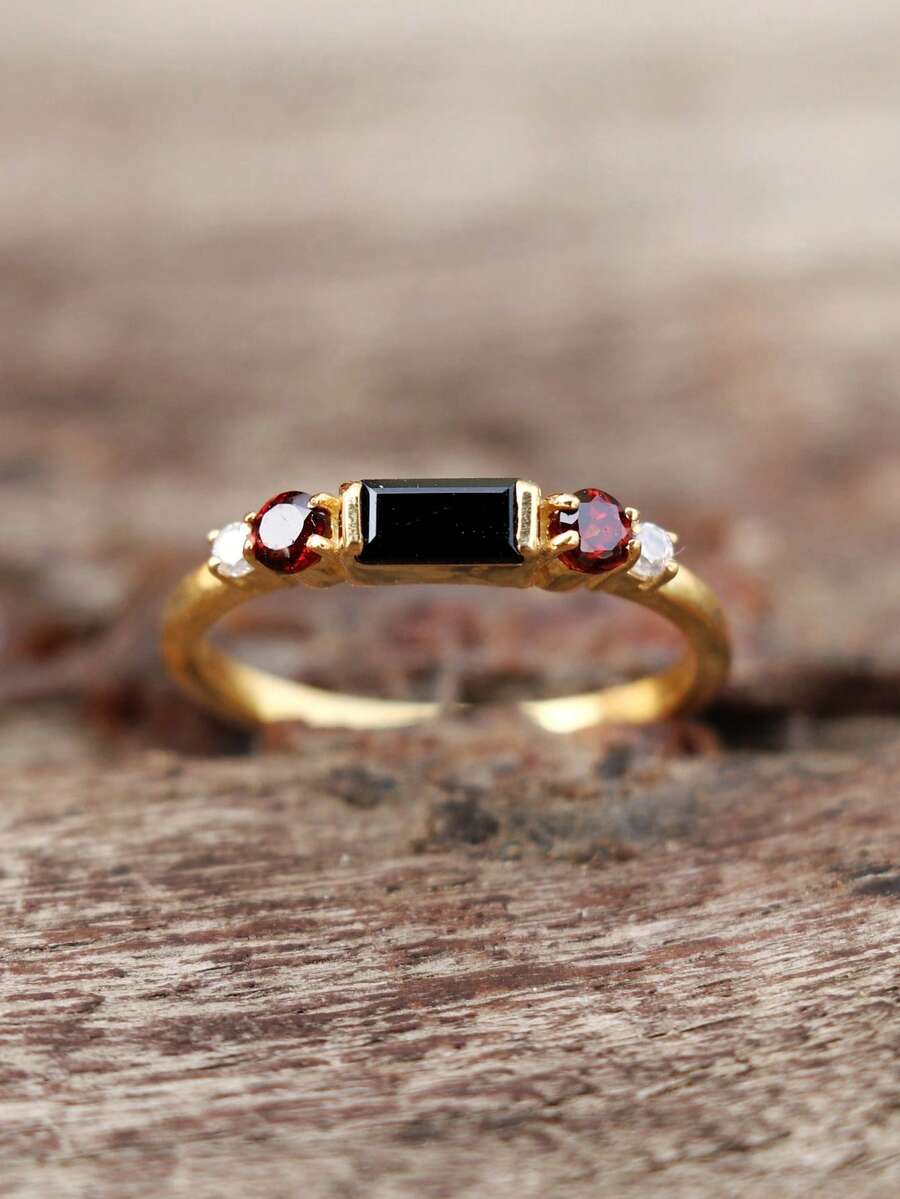 1pc Bohemian Vintage Fashion Minimalist Ring, Square Black Vintage Design, Versatile Minimalist Ring - Multicolor - View 1