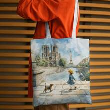 1 buah Tas Tote Romantis Paris Impresionis, Menampilkan Gambar Gadis Berjalan dengan Anjing di Bawah Menara Eiffel, Tas Belanja yang Dapat Digunakan Kembali, Cetak Dua Sisi Multifungsi, Desain Kasual, Sempurna untuk Pecinta Buku - MultiWarna - View 6
