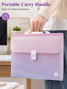 OBOVAY 1pc Gradient Color Expandable File Folder, Aesthetic Modern Premium Plastic Rectangular Accordion Style With Handle Clasp, Large Capacity Portable Document Classification Paper Storage Organizer Box, Suitable For Students School Office Back To School Supplies - Multiple Styles - View 5