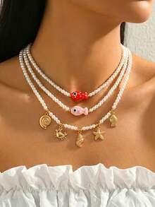 1 Set de Collar Bohemio de Estilo Resort Oceánico Multicapa con Cuentas de Perlas Falsas, a Juego con Criaturas Marinas, Adecuado para Usar en Vacaciones de Playa de Verano, Joyería Elegante y de Moda para Mujeres - Multicolor - Ver 3