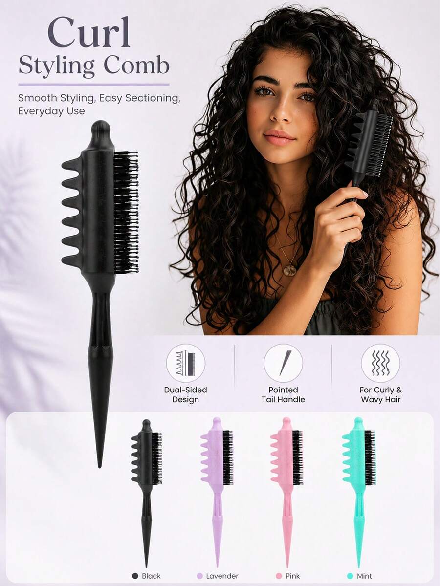 1pc Curly Hair Styling Comb, Curl Definition Detangling Comb With Tail Comb, Root Volumizing Styling Comb, Suitable For Wavy, Curly, Coily Hair, Women & Girls Wet/Dry Hair Styling Tool - Multicolor - View 1
