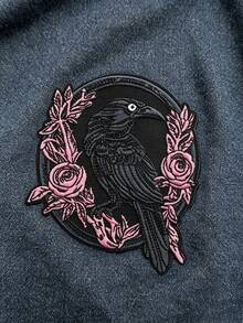 1pc Dark Crow Floral Iron-On Embroidery Patch - Gothic Halloween Embroidered Crow Applique, Suitable For Holes, Clothes, Jeans, Hats, Backpacks, Etc. - A - View 3