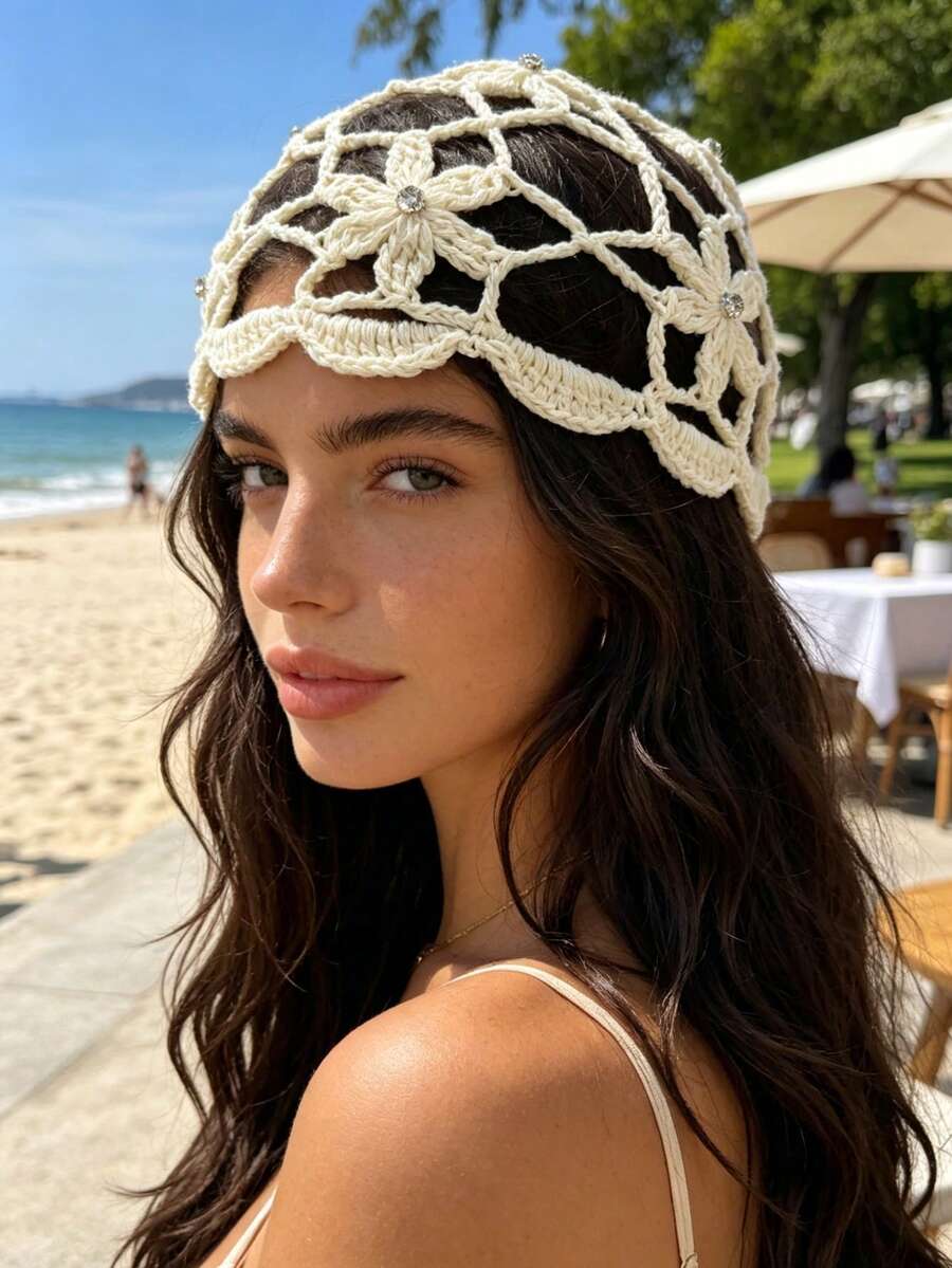 1pc Bohemian Style Casual Versatile Rhinestone Knitted Hollow Flower Beanie - Multicolor - View 1