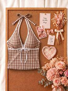 New Summer Fresh Sweet Cute Style Coffee & White Plaid Polka Dot Halter Neck Bikini Set For Beach Vacation Leisure - Multicolor - View 3