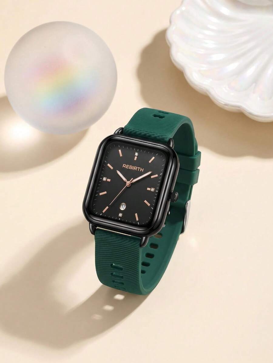 Jam Tangan Quartz Kalender Minimalis Fashion Wanita Merek Rebirth 1 buah dengan Tali Silikon, Cocok untuk Dekorasi Sehari-hari