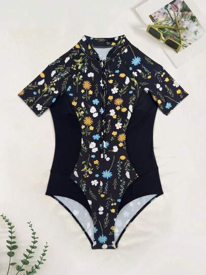 Women's Tropical Floral Short Sleeve Zipper Sun Protection Swimsuit Black One-Piece Swimwear With Stand Collar Summer Women's Beach Wear Women's Holiday Beach Vacation Outfit