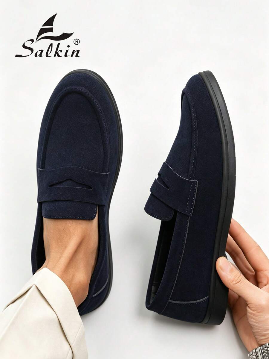 Salkin 經典設計師男士莫卡辛素色麂皮套腳便鞋 軟皮紳士商務社交鞋 男款日常辦公派對休閒鞋 情侶約會浪漫晚餐返校季學生鞋 校園風，請選擇大一號