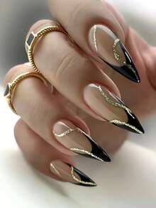 24 piezas Juego de manicura francesa con diseño dual de corazón dorado 3D y espada, con elementos dorados 3D del sol, uñas de almendra negras y burdeos, adecuado para el Día de San Valentín, Navidad, puede usarse como regalo festivo o para fiestas, incluye gel de gelatina y lima de uñas - Negro - Ver 7