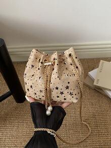 Mini New Fashion Straw Woven Gold Chain Drawstring Bucket Bag Beach Bag - Khaki - View 5