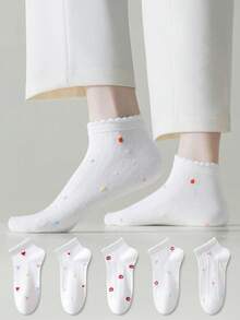 ZUJO 5 pares de calcetines cortos de mujer con volantes, patrón de dibujos animados de estrella y lazo, lindos y dulces, suaves y transpirables, adecuados para uso diario en primavera, otoño y verano - Multicolor - Ver 2