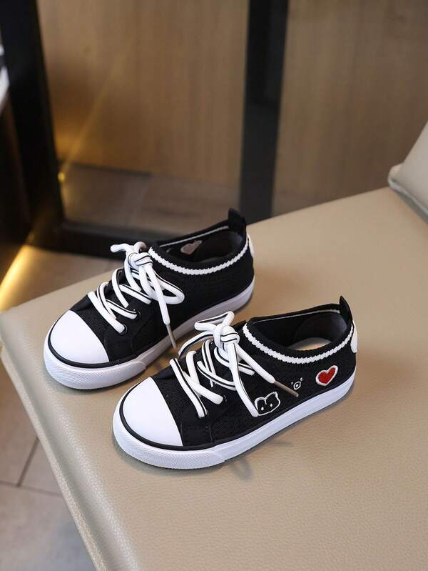 Elastic Collar Knit Fabric Breathable Comfortable Kids' Sports Shoes Fake Lace-Up Black Print Girls' Casual Shoes Student Shoes