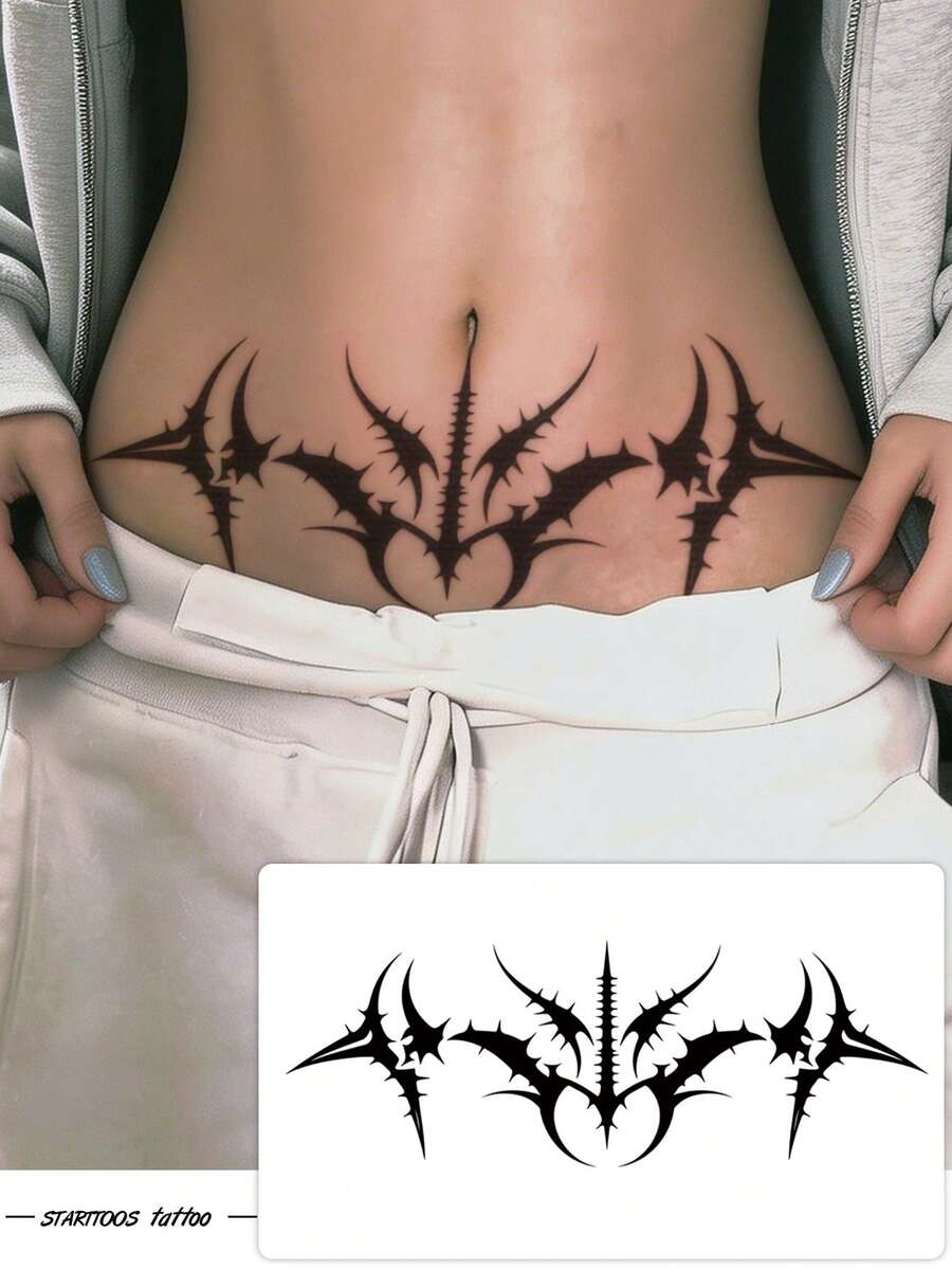 STARTTOOS Sexy Back Waist & Chest Tattoo Sticker - Black Gothic Cyberpunk Classic Totem Temporary Body Tattoo Decal For Chest, Waist, And Abdomen, 1pc/Pack - Black - View 1