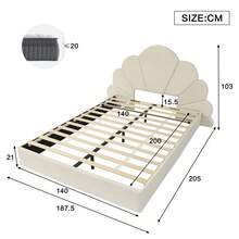Flieks Double Bed Upholstered Bed, Headboard With Curved Petals, Simple, Stylish And Comfortable, Modern Bed Frame, Velvet, Beige, 140x200cm - Beige - View 13