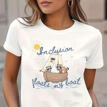 Camiseta blanca WoM1en con estampado "Floats My Boat" que incluye un velero y animales. - Blanco - Ver 1