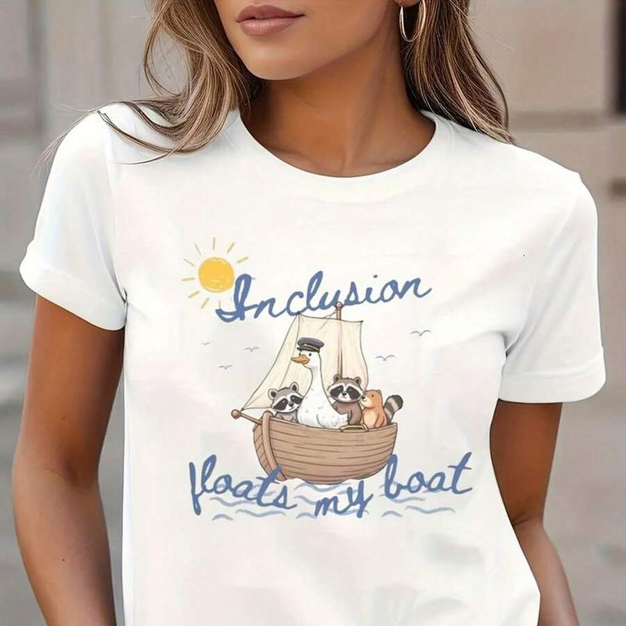 Camiseta blanca WoM1en con estampado "Floats My Boat" que incluye un velero y animales. - Blanco - Ver 1