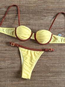 Bikinx Women's Underwire Colorblock Ruched Bust Bikini Set, Spaghetti Strap Backless Tie Swimwear, Suitable For Beach Vacation Summer - Multicolor - View 2